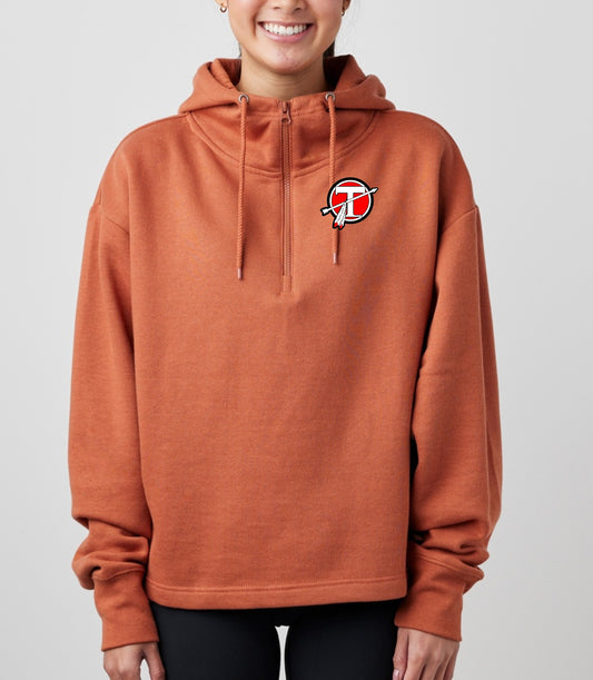 Embroidered Circle T Ladies Boxy Quarter Zip Hood - CLAY