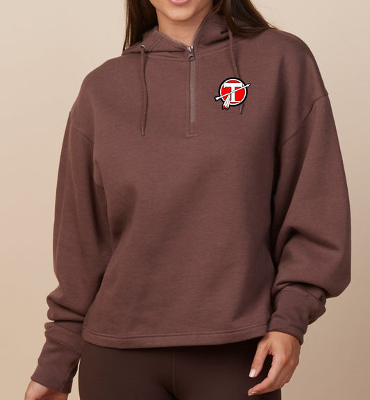 Embroidered Circle T Ladies Boxy Quarter Zip Hood - MOCHA